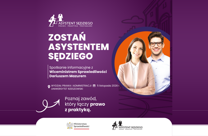 Plakat promujący spotkanie informacyjne dla studentów prawa na temat zawodu asystenta sędziego, organizowane przez Ministerstwo Sprawiedliwości