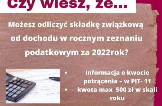 Odliczanie składki związkowej od dochodu w zeznaniu podatkowym za 2022 r.
