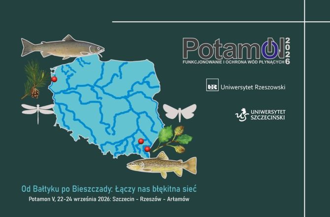 Logo konferencjo PotamON z siecią hydrologiczną Polski, tytuł konferencji oraz organizatorzy.