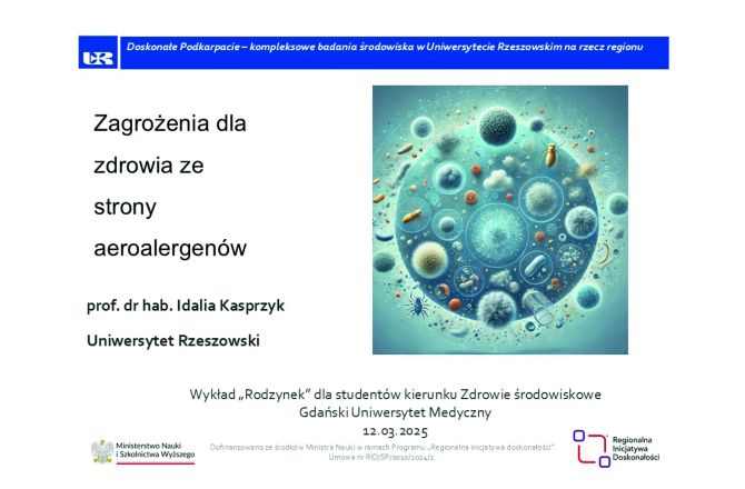 Garafika przedstawie informacje o wykłądzie, logotypy oraz zdjęcie pyłków i owadów