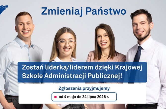 Grafika promująca rekrutację na kształcenie stacjonarne w Krajowej Szkole Administracji Publicznej