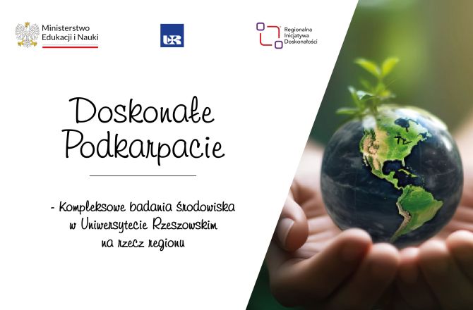 Obraz przedstawia baner informacyjny, logotyp MEiN, UR, RID oraz grafika kuli ziemskiej na dłoni