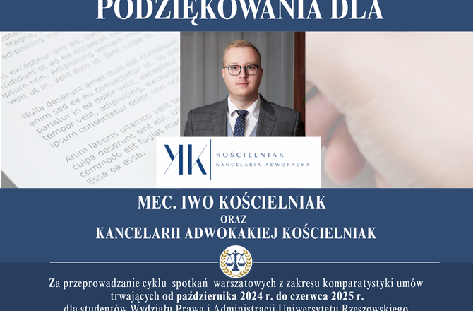 Podziękowanie dla mecenasa Iwo Kościelniaka za przeprowadzenie cyklu szkoleń
