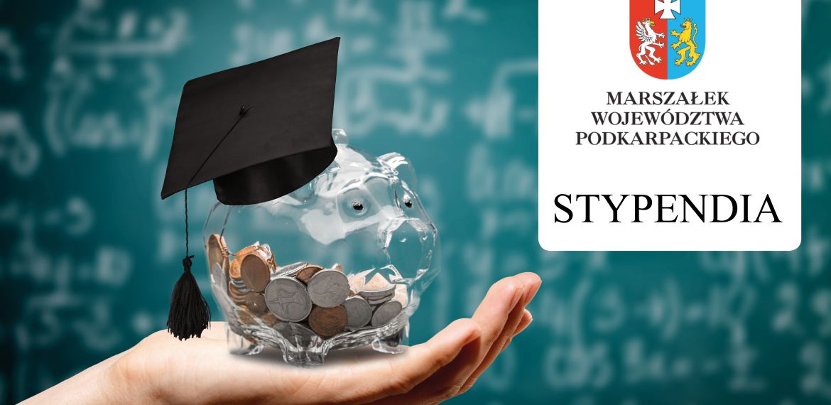 Baner informujący o stypendiach, świnka skarbonka i logo marszałka województwa podkarpackiego
