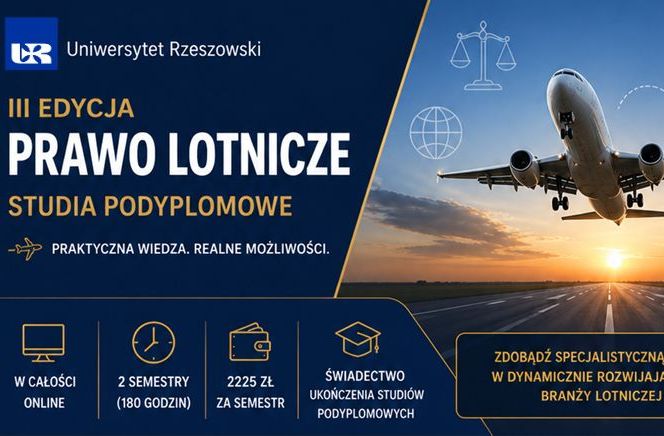 Grafika dotycząca rekrutacji na trzecią edycję podyplomowych studiów z zakresu prawa lotniczego
