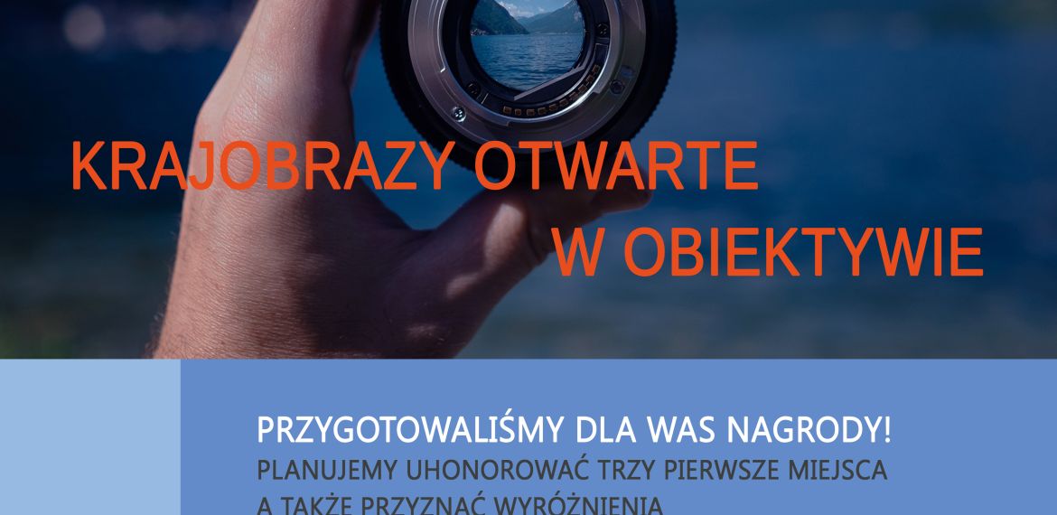 Plakat konkursu, obiektyw, w tle góry