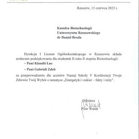 podziękowaniwe od dyrekcji liceum