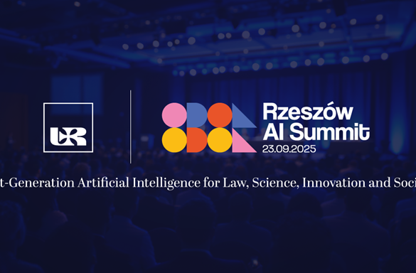 Grafika przedstawiająca napis: Rzeszów AI Summit, 23.09.2025, Next-Generation Artificial Intelligence for Law, Science, Innovation and Society
