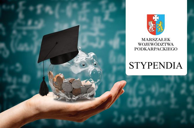 Baner informujący o stypendiach, świnka skarbonka i logo marszałka województwa podkarpackiego