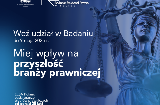 Grafika dwudziestej szóstej edycji ogólnopolskiego Badania Studenci Prawa w Polsce organizowanego przez Europejskie Stowarzyszenie Studentów Prawa ELSA Poland