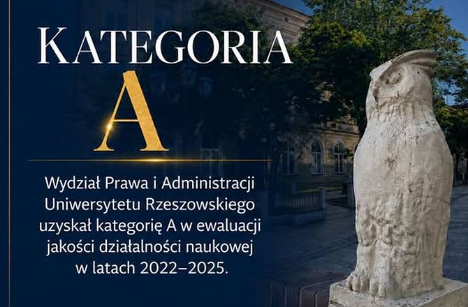 Grafika informująca o otrzymaniu kategorii A przez Wydział Prawa i Administracji UR w ewaluacji jakości działalności naukowej w latach 2022-2025