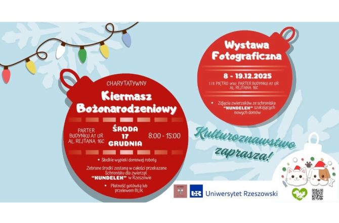 Zdjęcie przedstawiający plakat reklamujący kiermasz bożonarodzeniowy i wystawę fotograficzną