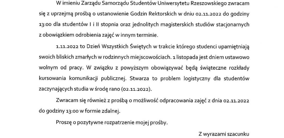 Informacja godziny rektorskie w dniu 2 listopada 2022 roku
