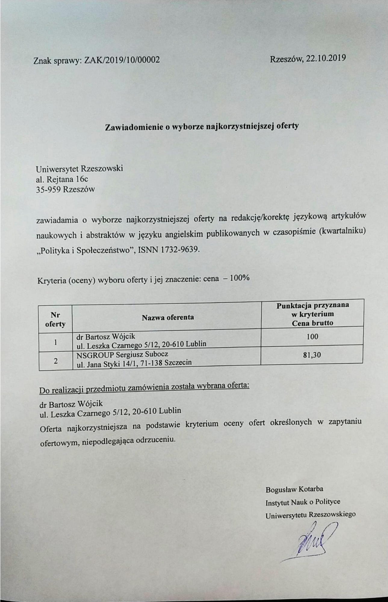 Informacja o wyborze najkorzystniejszej oferty