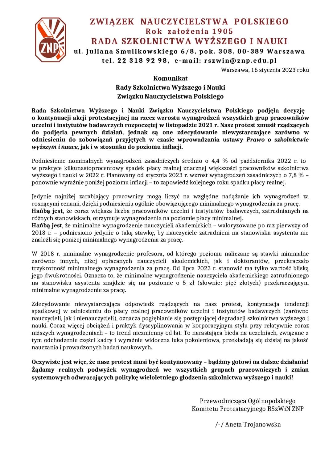 Kontynuacja akcji protestacyjnej ZNP