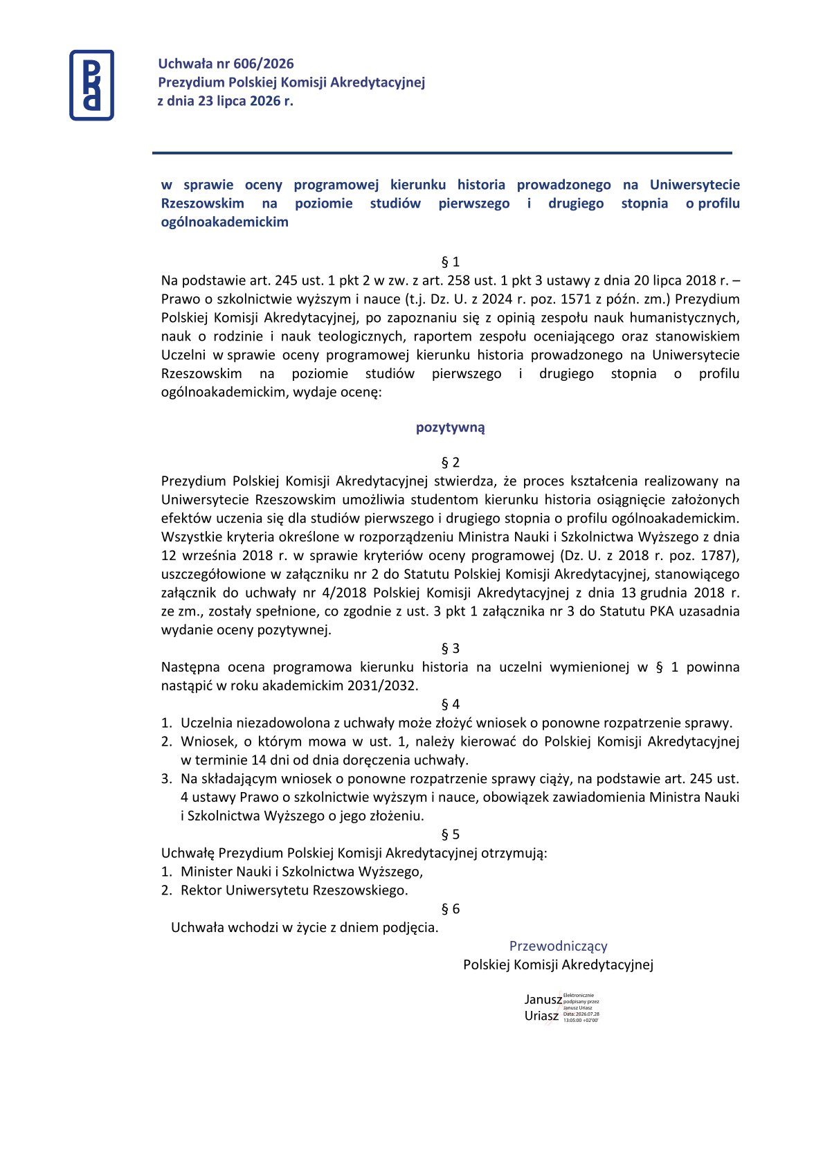Uchwała prezydium PKA w sprawie oceny pozytywnej dla kierunku historia