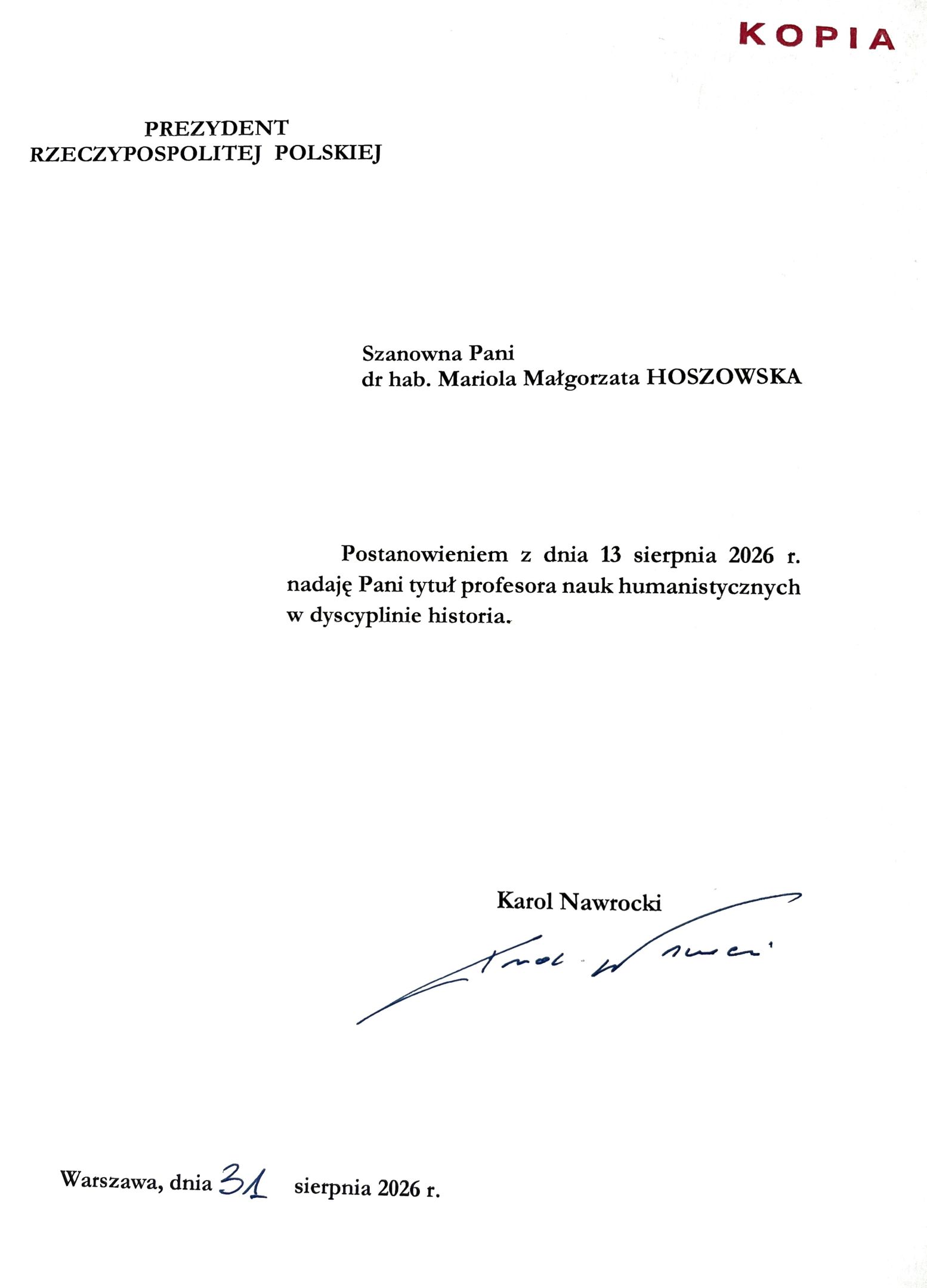 Postanowienie o nadaniu doktor habilitowanej Marioli Hoszowskiej tytułu profesora