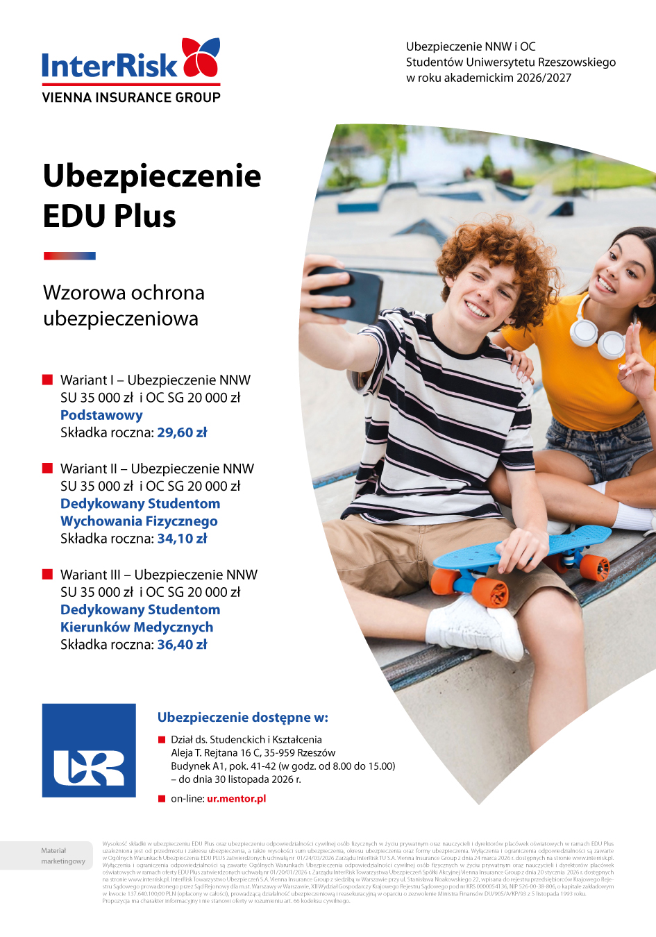 Plakat z informacją o uzbezpieczeniu dla studentów UR