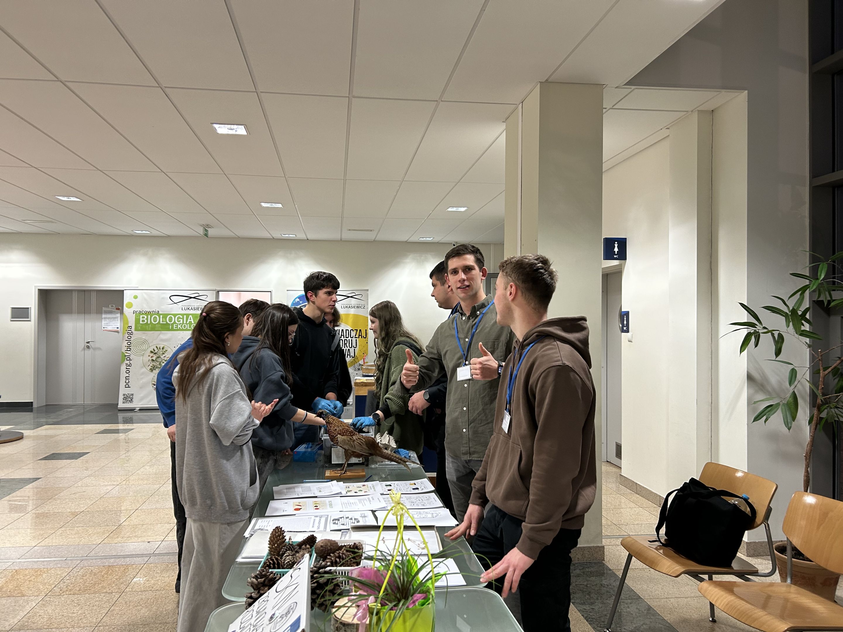 Stoisko koła naukowego, a stole widoczne eksponaty, wypchane zwierzęta, szyszki itp