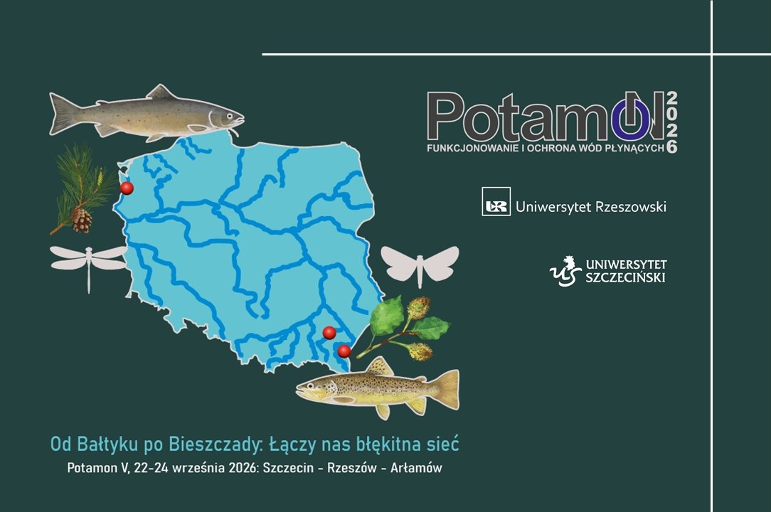 Logo konferencjo PotamON z siecią hydrologiczną Polski, tytuł konferencji oraz organizatorzy.