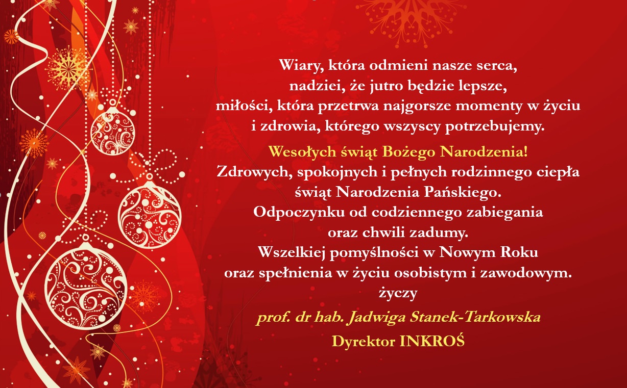 kartka z życzeniami, czerwone tło, bombki, tekst życzeń