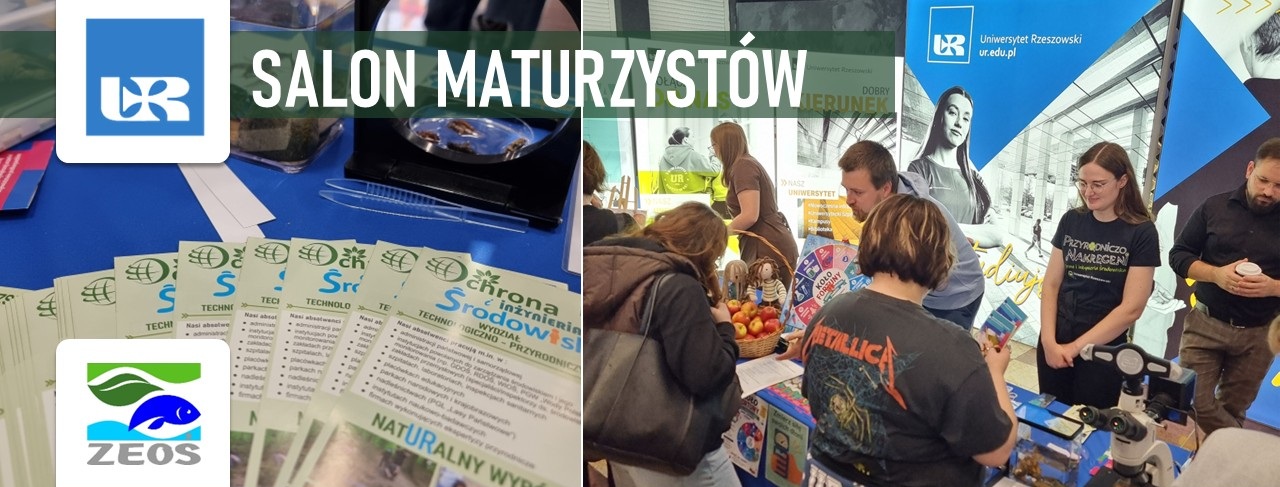 Kolaż dwóch fotografii z Salony maturzystów. Po lewej wachlarz ulotek leżących na stole oraz loga ZEiOS oraz UR, , po prawej grupa ludzi rozmawia nad stołem z eksponatami, w tle banery UR. Na zdjęciu napis Salon maturzystów.