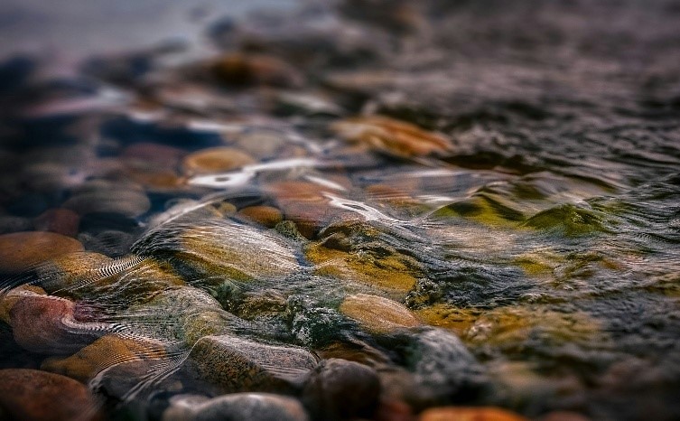 Makrofotografia dna potoku, z wodą przepływającą między kamieniami, ukazująca fakturę skał i naturalny przepływ wody.