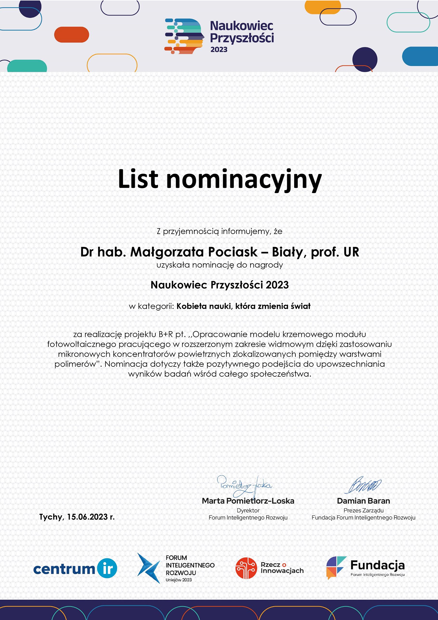 Nominacja do nagrody Naukowiec Przyszłości 2023