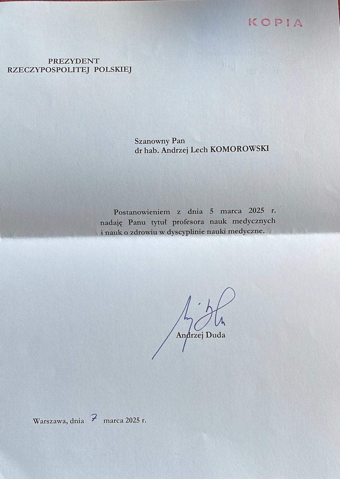 Nadanie tytułu Panu dr hab. Aandrzejowi Komorowskiemu, prof. UR