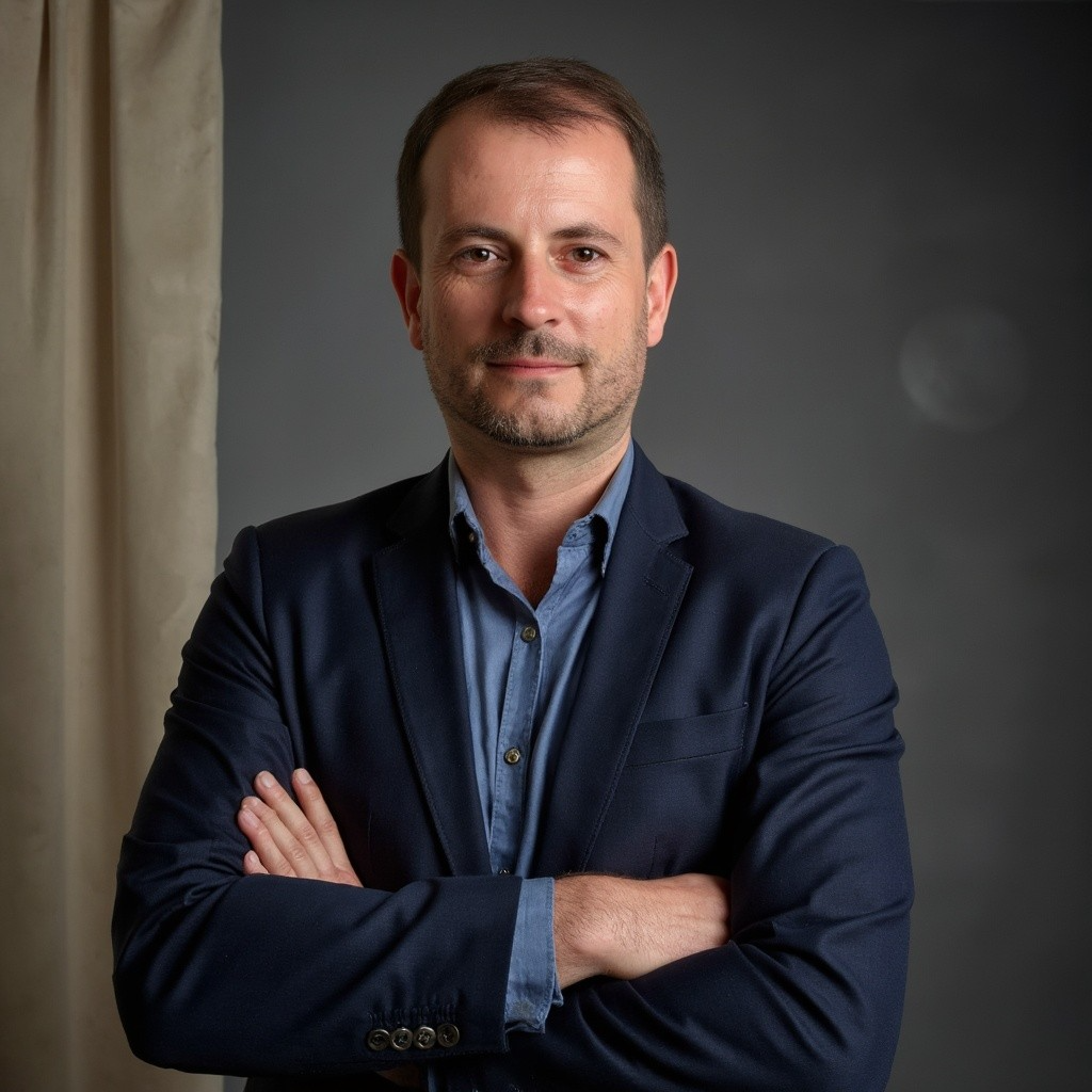 Adrian Kurowiecki w postawie z założonymi rękoma na ciemnym tle