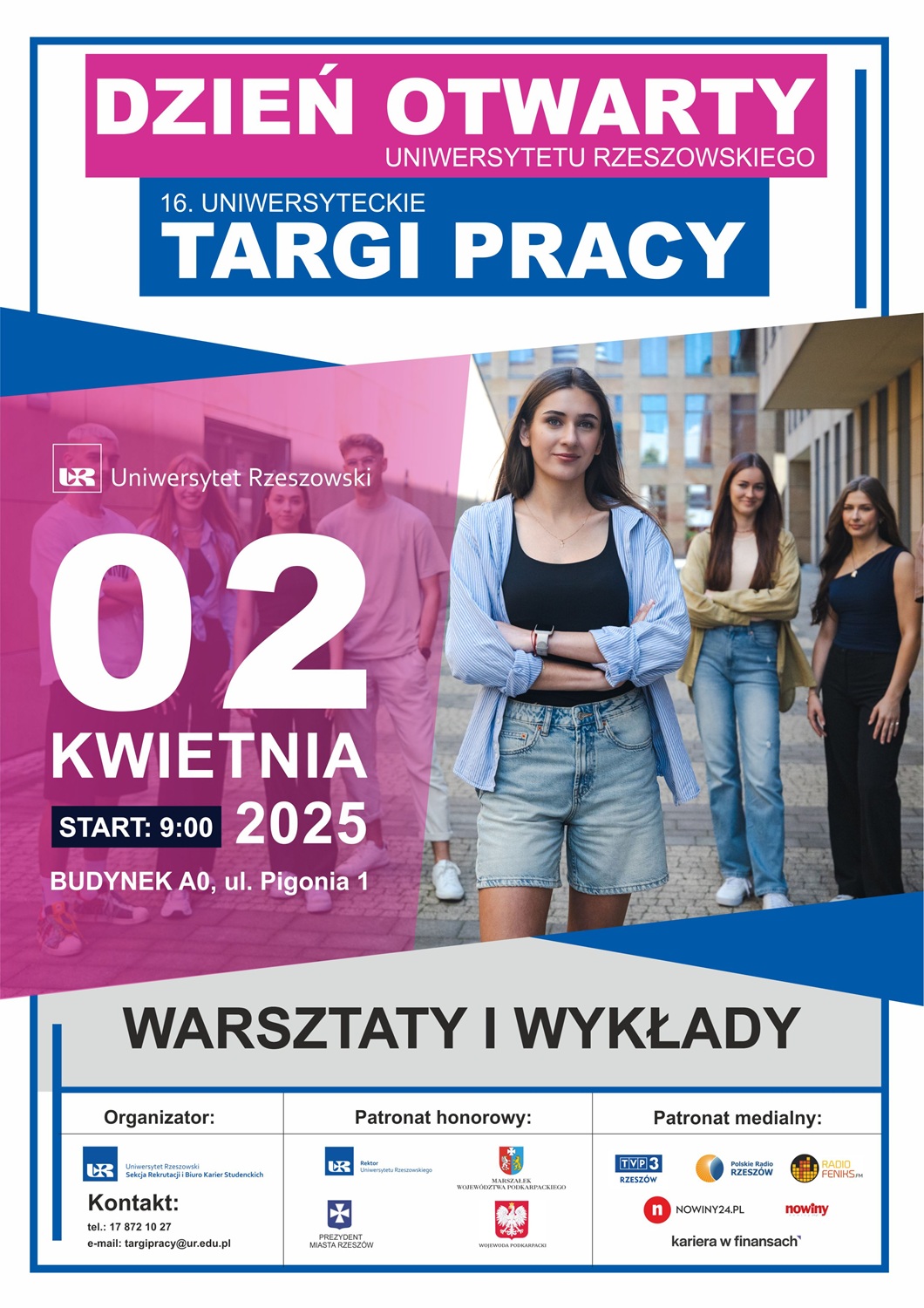 Plakat Dnia otwartego Uniwersytetu Rzeszowskiego oraz VXI targów pracy