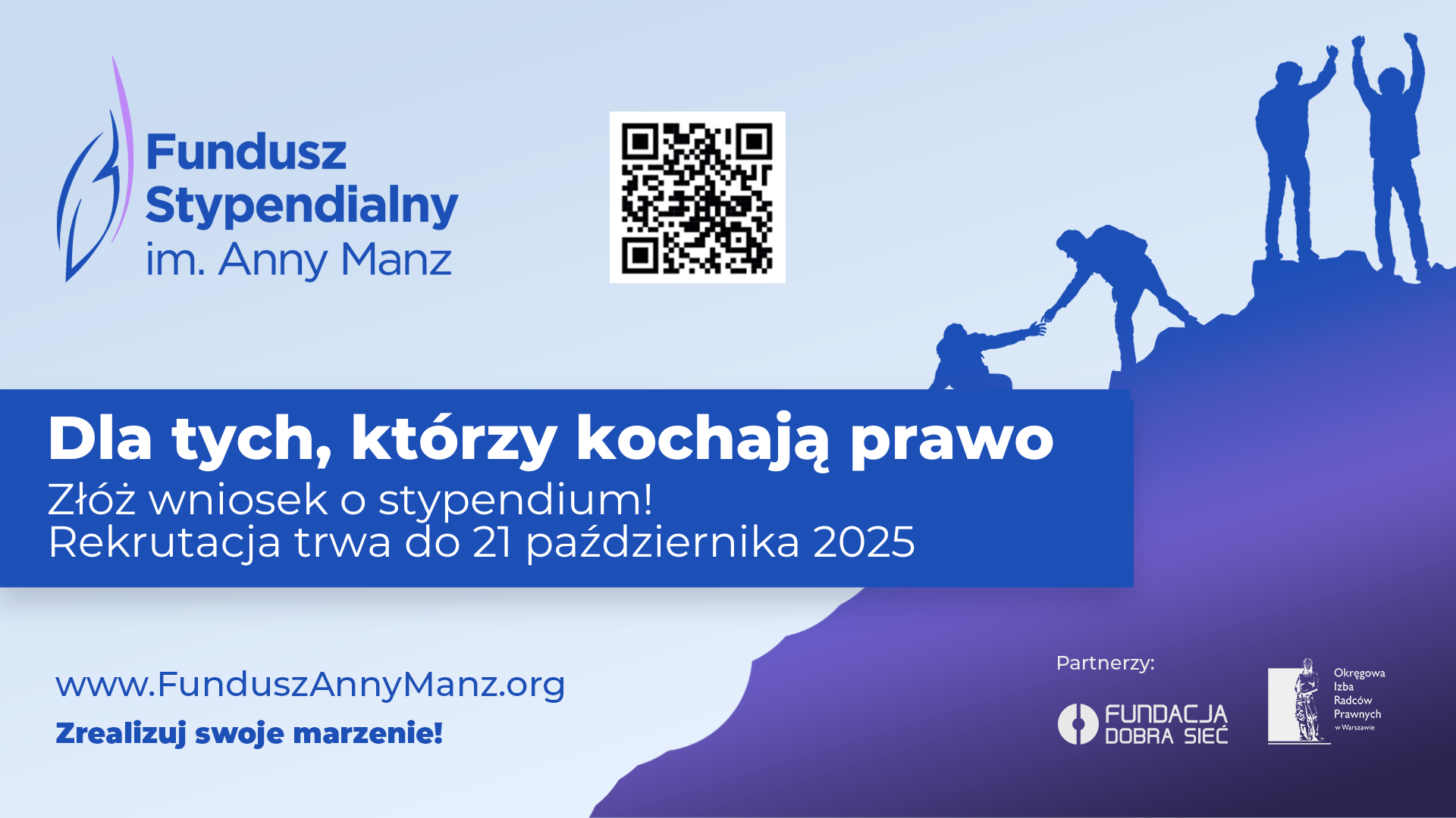 Grafika Funduszu Anny Manz z napisem Dla tych, którzy kochają prawo, Złóż wniosek o stypendium! Rekrutacja trwa do 21 października 2025