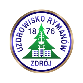 Logo uzdrowiska Rymanów Zdrój zielona choinka z wpisanym w nią symbolem budynku. dookoła napis Uzdrowisko Rymanów Zdrój