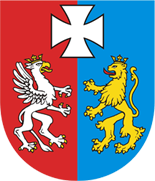 Herb województwa podkarpackiego na tarczy dwudzielnej w słup w lewym polu czerwonym gryfa ukoronowanego srebrnego wspiętego w lewo, w prawym błękitnym lwa ukoronowanego złotego wspiętego o języku czerwonym. Ponad nimi krzyż kawalerski srebrny.