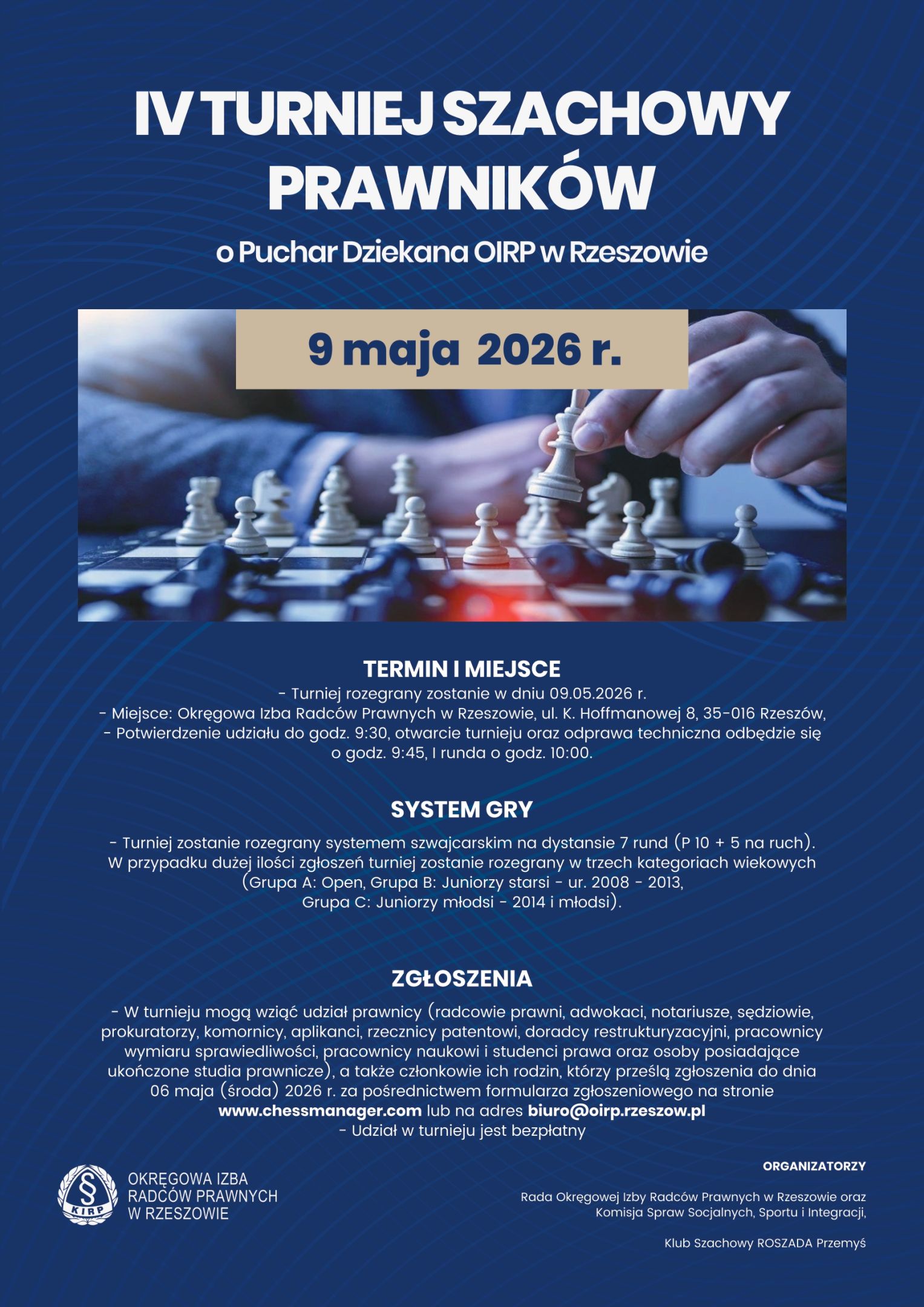 Plakat z zaproszeniem na IV Turniej Szachowy Prawnik&oacute;w o Puchar Dziekana OIRP w Rzeszowie, kt&oacute;ry odbędzie się 9 maja 2026 r.