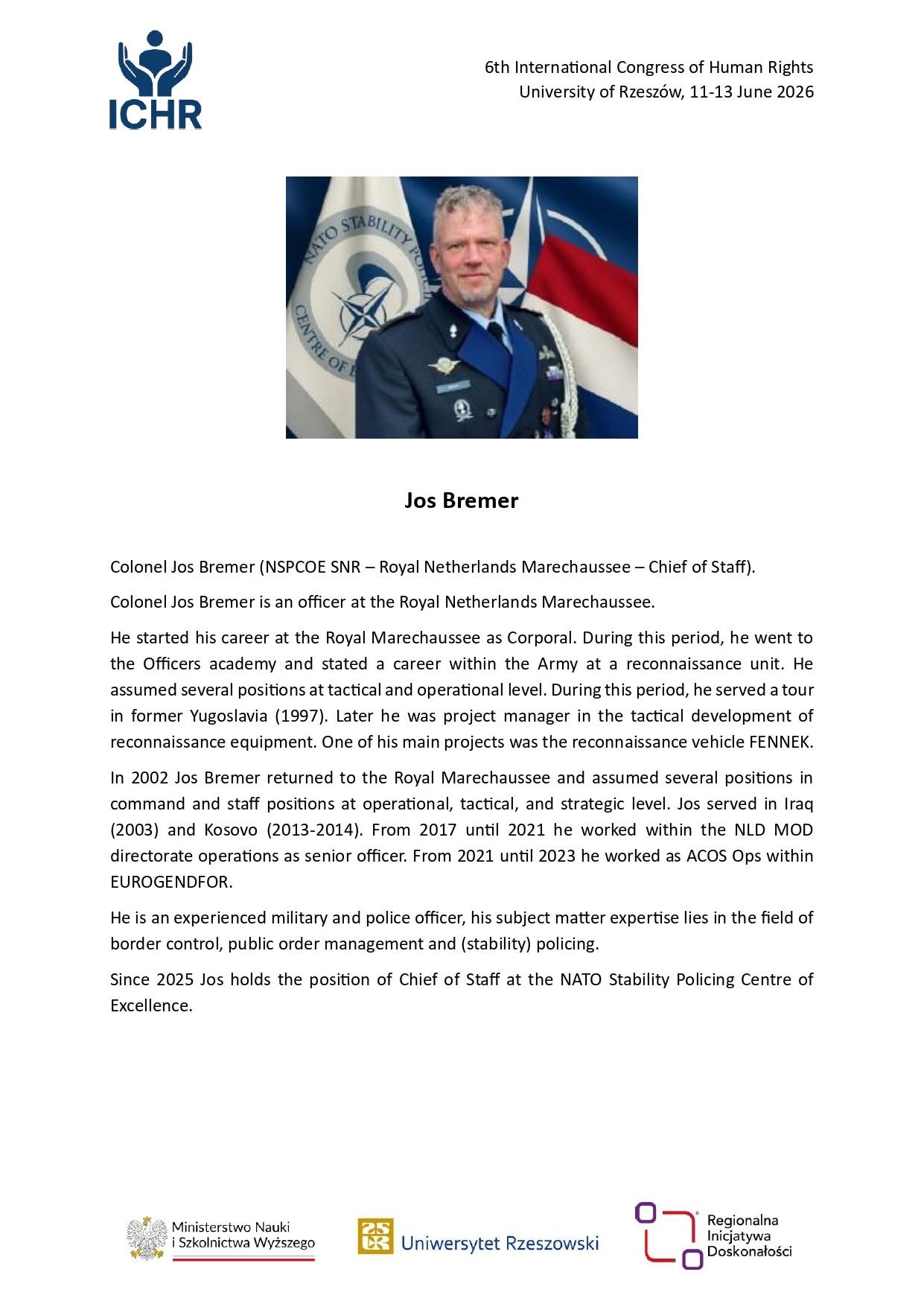 Biogram Jos Bremer, Chief of Staff w NATO Stability Policing Centre of Excellence.