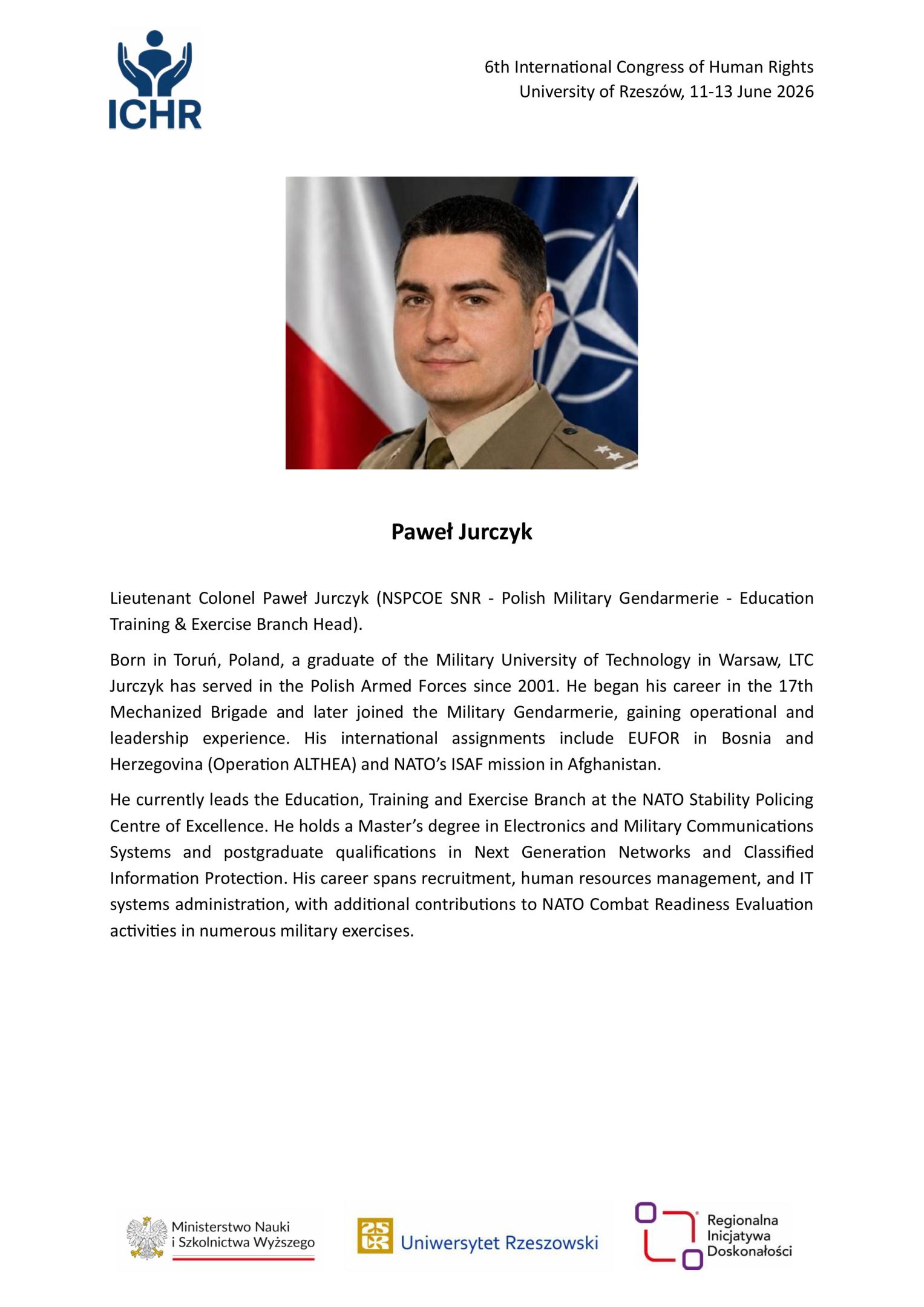 Biogram Pawła Jurczyka, przedstawiciela Polish Military Gendarmerie i NATO Stability Policing Centre of Excellence