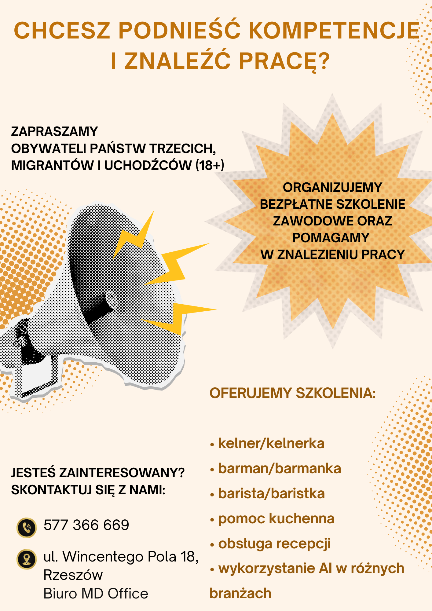 Ogłoszenie informuje o bezpłatnych szkoleniach zawodowych i wsparciu w znalezieniu pracy dla obywateli państw trzecich, migrant&oacute;w i uchodźc&oacute;w powyżej 18 roku życia
