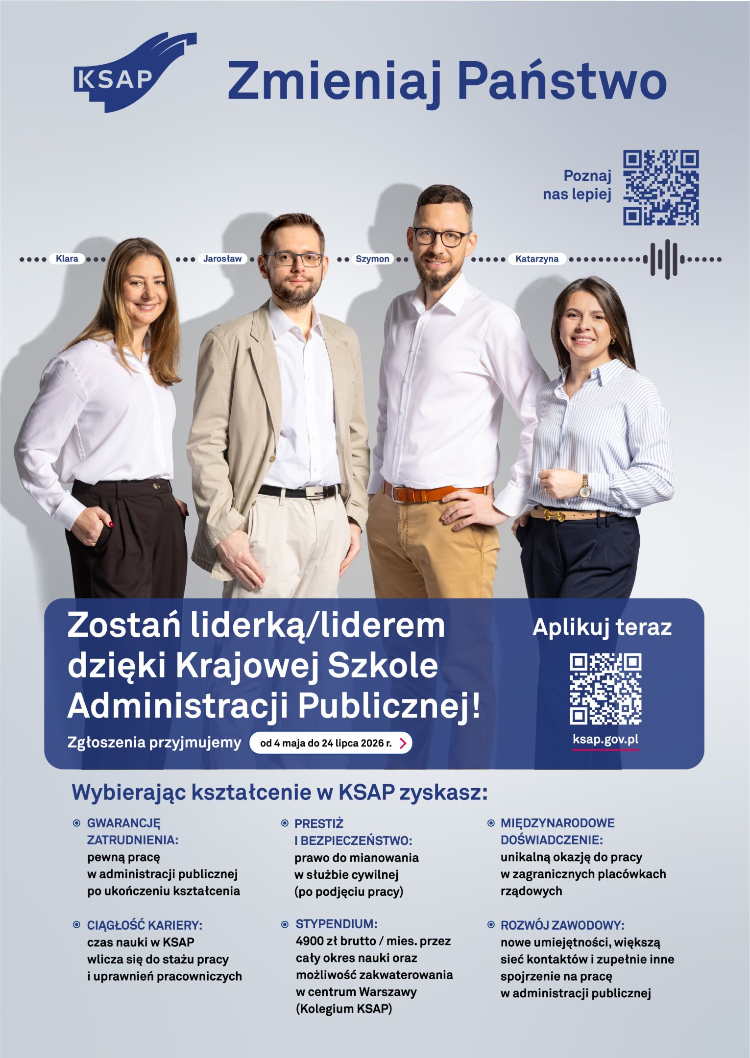 Plakat promujący rekrutację na kształcenie stacjonarne w Krajowej Szkole Administracji Publicznej