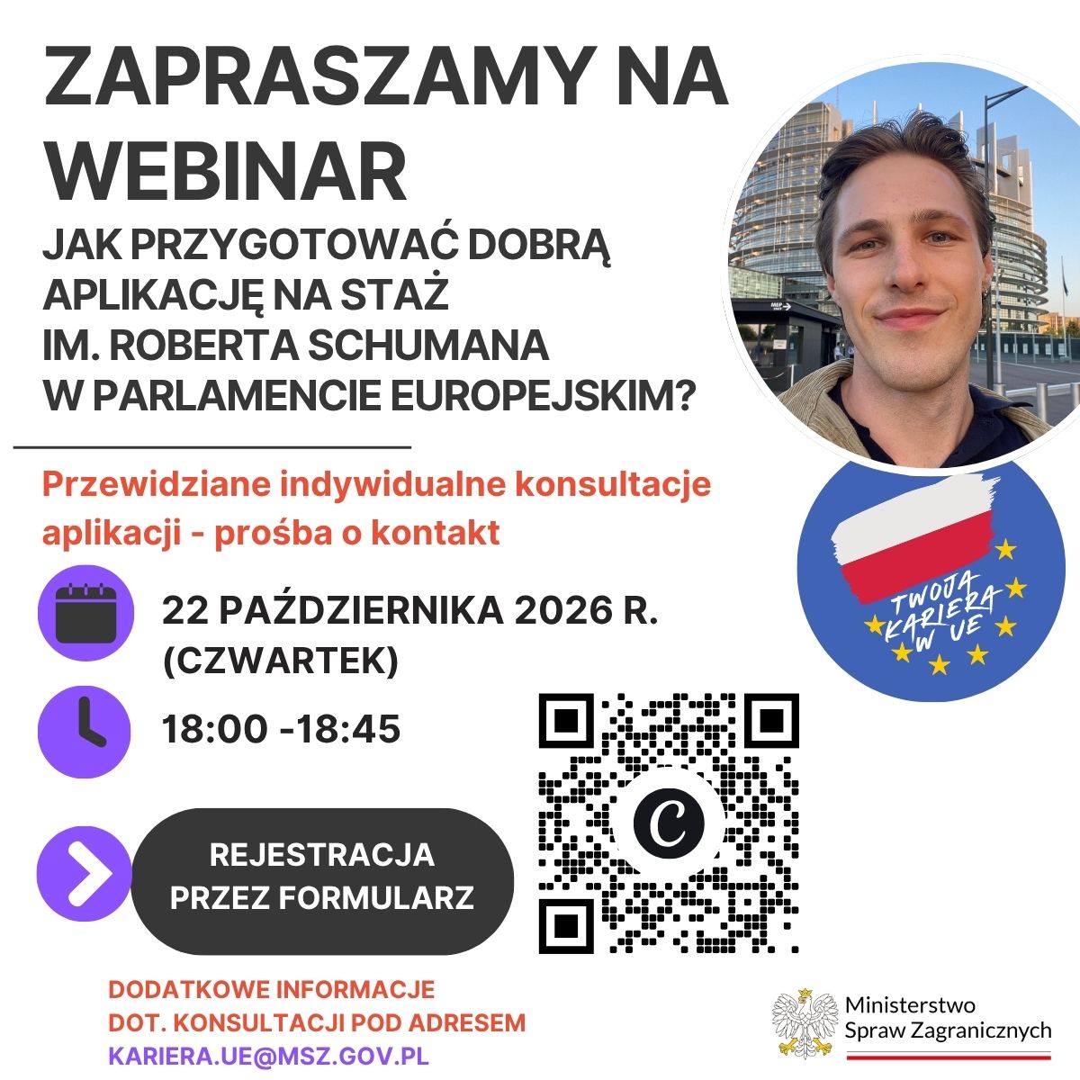 Zaproszenie na webinar organizowany przez Ministerstwo Spraw Zagranicznych w sprawie stażu im. Roberta Schumana w Parlamencie Europejskim