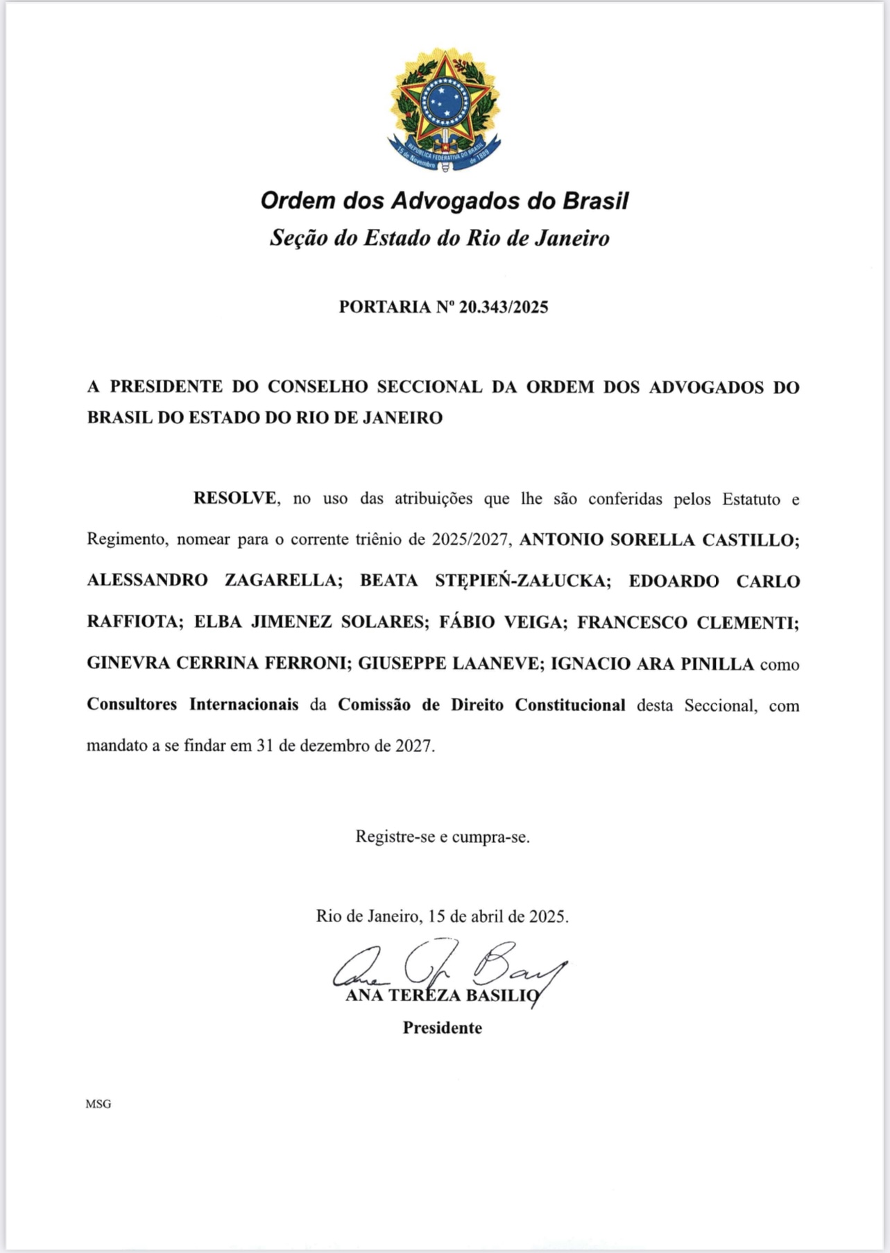 dr hab. Beata Stępień-Załucka, prof. UR Międzynarodowym Konsultantem Komisji Prawa Konstytucyjnego w Brazylii