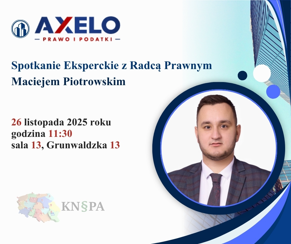 Grafika informująca o spotkaniu eksperckim z radcą prawnym Maciejem Piotrowskim