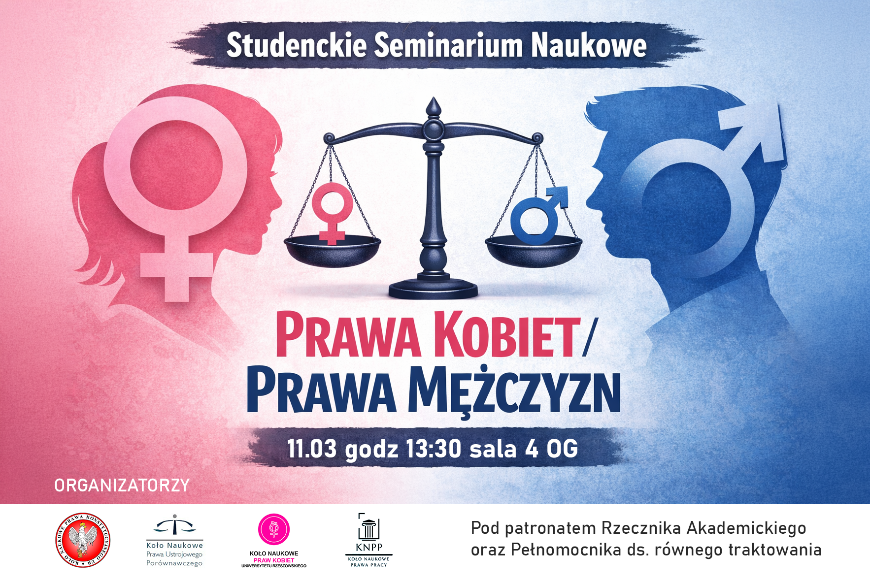 Grafika dotycząca studenckiego seminarium naukowego poświęconego prawom kobiet i mężczyzn