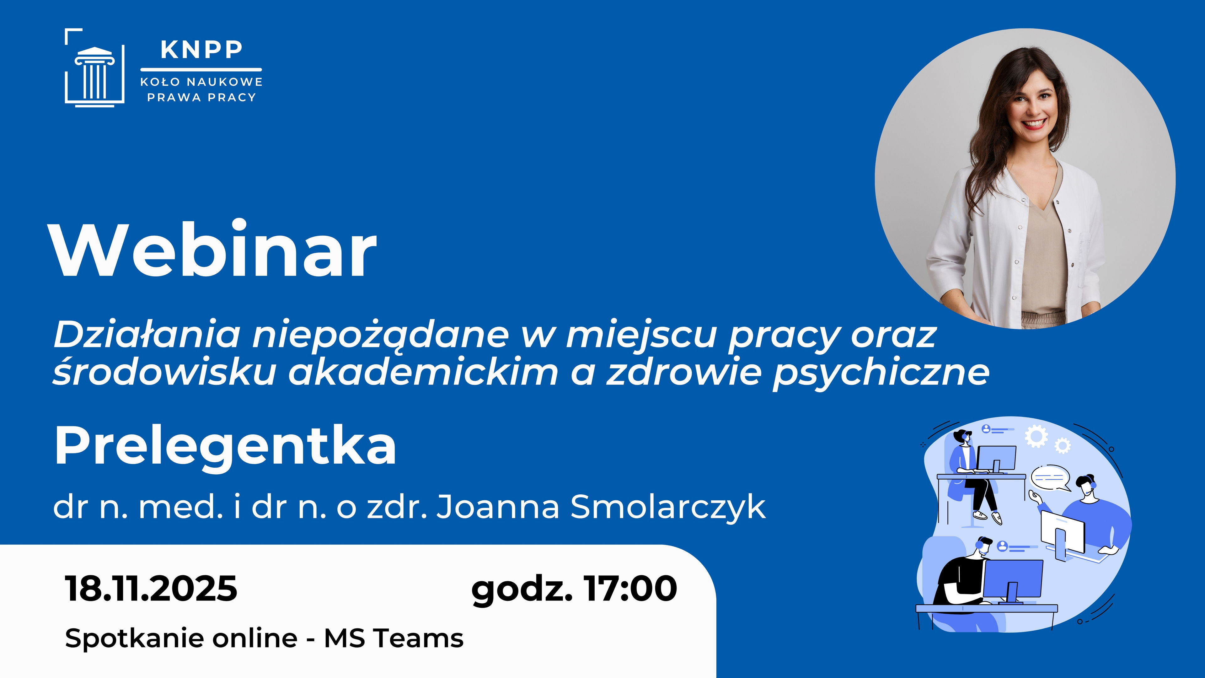 Plakat informacyjny o webinarze KNPP Koła Naukowego Prawa Pracy zatytułowanym 
