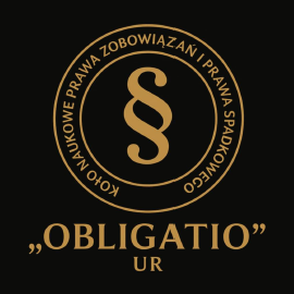 Logo Koła Naukowego Prawa Zobowiązań i Prawa Spadkowego „Obligatio” UR. W centralnej części znajduje się symbol paragrafu w okręgu, a wokół niego pełna nazwa organizacji.