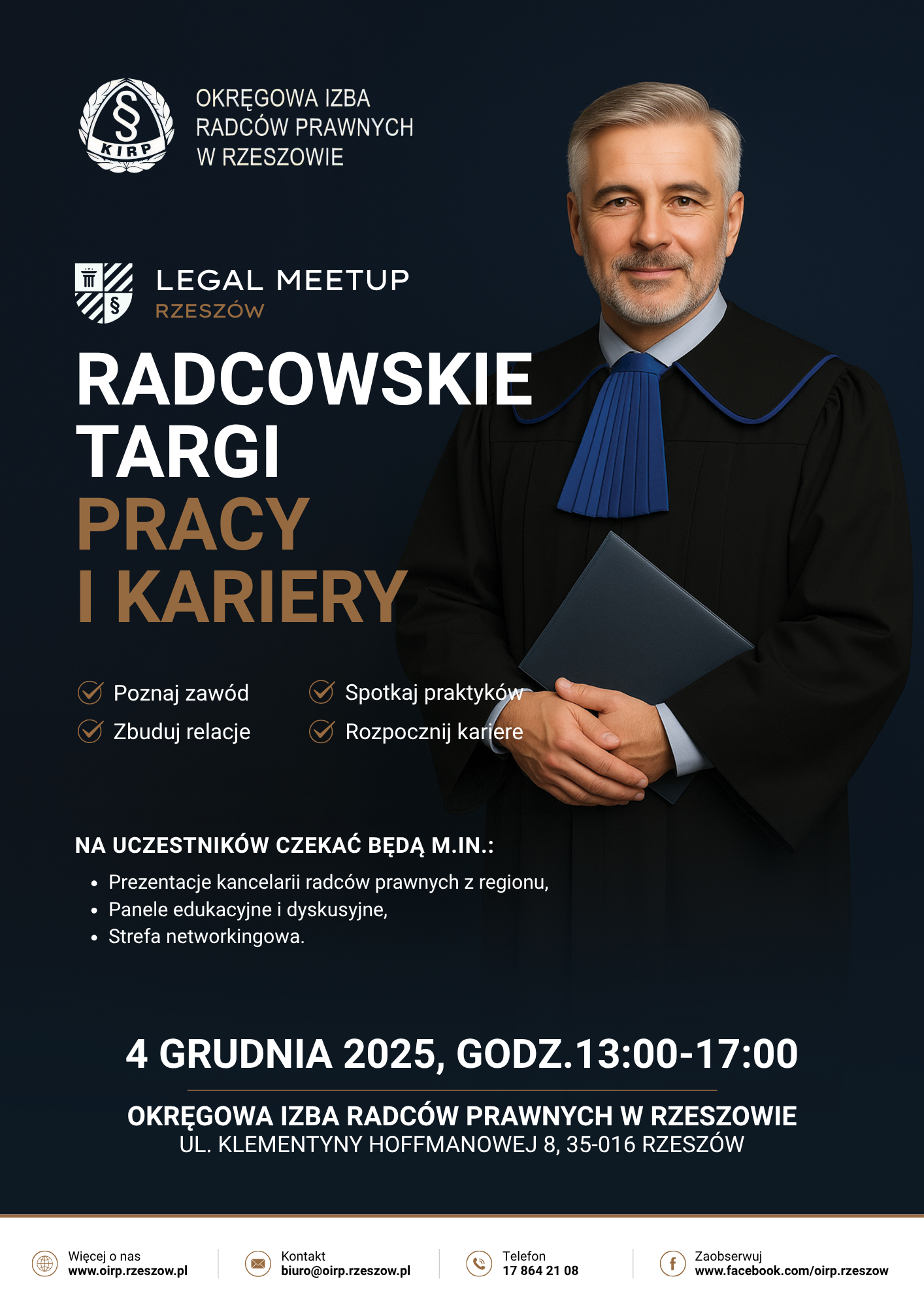 Baner promujący wydarzenie „Legal MeetUp Rzeszów – Radcowskie Targi Pracy i Kariery” organizowane przez Okręgową Izbę Radców Prawnych w Rzeszowie